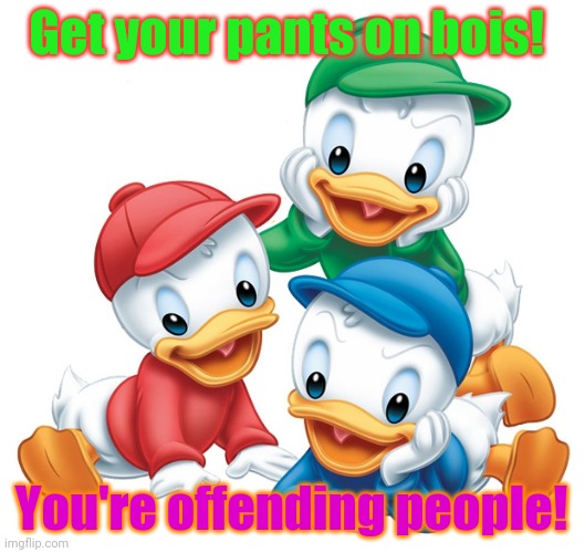 DuckTales Feeling Cute Might IDK | Get your pants on bois! You're offending people! | image tagged in ducktales feeling cute might idk | made w/ Imgflip meme maker