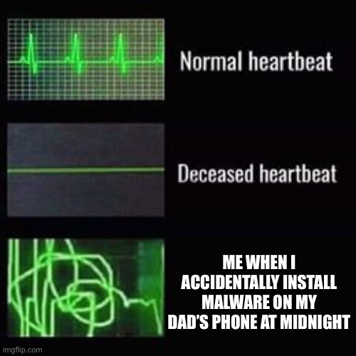 True story | ME WHEN I ACCIDENTALLY INSTALL MALWARE ON MY DAD’S PHONE AT MIDNIGHT | image tagged in heartbeat rate | made w/ Imgflip meme maker