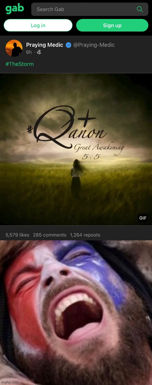Qanon = when even politicized wingnut evangelicalism is too vanilla for you | image tagged in gab qanon,qanon shaman | made w/ Imgflip meme maker