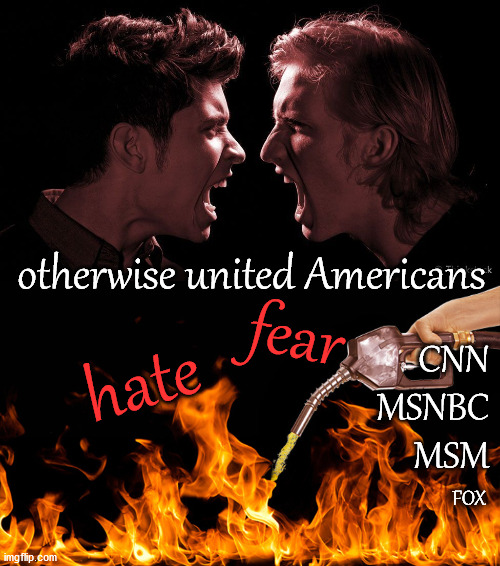 CNN adding fuel to the fire | otherwise united Americans; fear; hate; CNN
MSNBC
MSM; FOX | image tagged in politics | made w/ Imgflip meme maker
