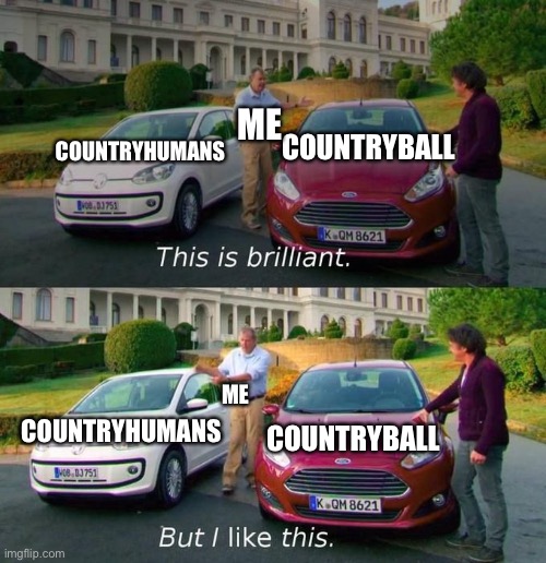 CountryHumans or CountryBall? | COUNTRYHUMANS; COUNTRYBALL; ME; ME; COUNTRYHUMANS; COUNTRYBALL | image tagged in this is brilliant but i like this | made w/ Imgflip meme maker
