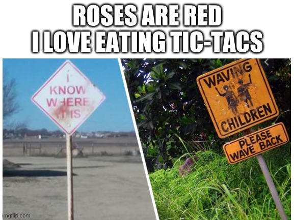 I wonder who the children are though.... | ROSES ARE RED
I LOVE EATING TIC-TACS | image tagged in funny road signs,creepy | made w/ Imgflip meme maker