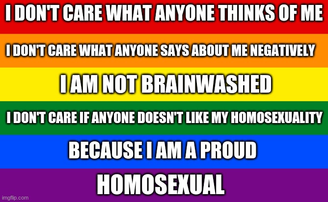 I am proud of who I am | I DON'T CARE WHAT ANYONE THINKS OF ME; I DON'T CARE WHAT ANYONE SAYS ABOUT ME NEGATIVELY; I AM NOT BRAINWASHED; I DON'T CARE IF ANYONE DOESN'T LIKE MY HOMOSEXUALITY; BECAUSE I AM A PROUD; HOMOSEXUAL | image tagged in i'm a proud gay teen,lgbtq,lgbt | made w/ Imgflip meme maker