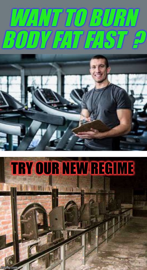 Das neu Übermensch ;-) | WANT TO BURN BODY FAT FAST  ? TRY OUR NEW REGIME | image tagged in holocaust ovens,ww2,genocide,showa,fitness,regime | made w/ Imgflip meme maker