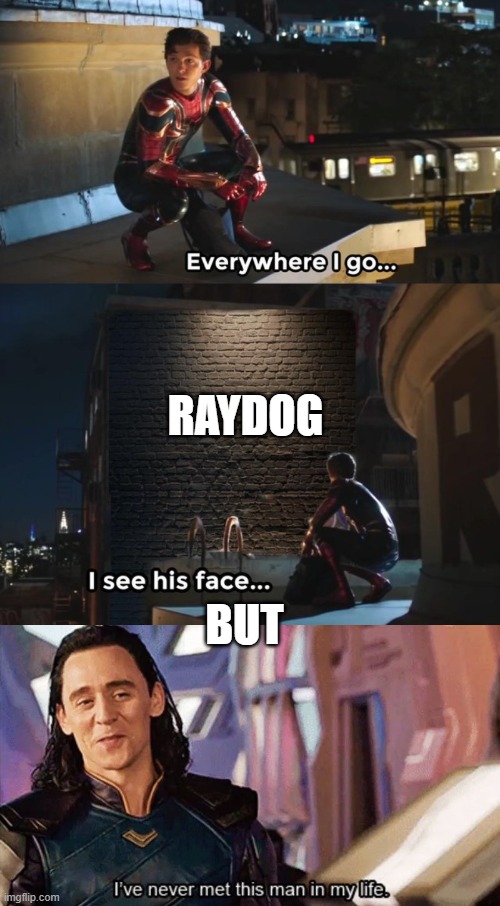 RAYDOG; BUT | image tagged in everywhere i go i see his face,i have never met this man in my life | made w/ Imgflip meme maker
