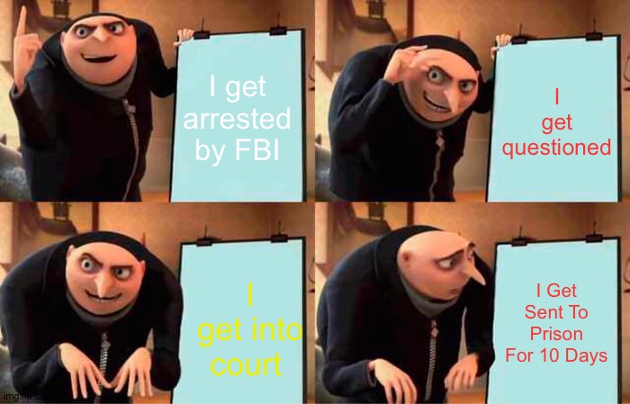 Gru's Plan | I get arrested by FBI; I get questioned; I Get Sent To Prison For 10 Days; I get into court | image tagged in memes,gru's plan | made w/ Imgflip meme maker
