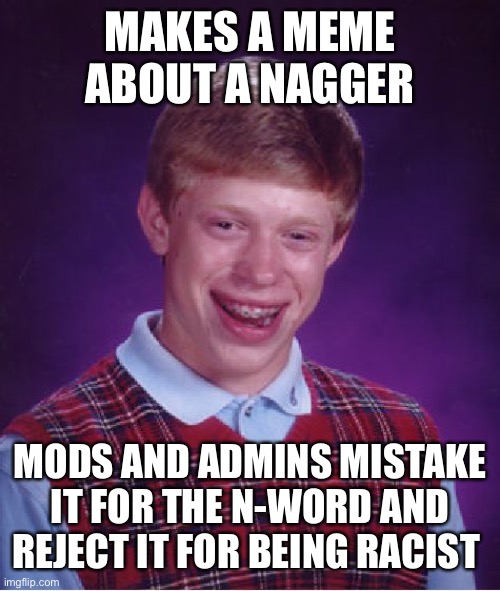 FYI, just so y’all know, the word “nagger” is a legit word. It means a person (most commonly, a woman) who constantly nags other | MAKES A MEME ABOUT A NAGGER; MODS AND ADMINS MISTAKE IT FOR THE N-WORD AND REJECT IT FOR BEING RACIST | image tagged in memes,bad luck brian | made w/ Imgflip meme maker