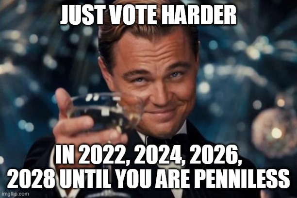 The Answer of Cowards | JUST VOTE HARDER; IN 2022, 2024, 2026, 2028 UNTIL YOU ARE PENNILESS | image tagged in memes,leonardo dicaprio cheers | made w/ Imgflip meme maker