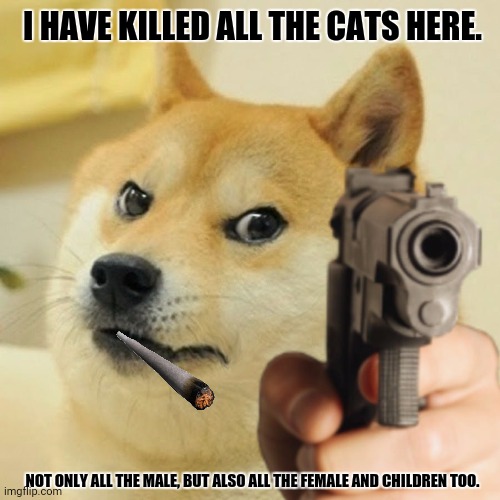 Doge holding a gun | I HAVE KILLED ALL THE CATS HERE. NOT ONLY ALL THE MALE, BUT ALSO ALL THE FEMALE AND CHILDREN TOO. | image tagged in memes,anakin kills younglings,dark | made w/ Imgflip meme maker