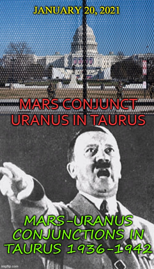 JAN 20, 2021: MARS CONJUNCT URANUS IN TAURUS; MARS-URANUS CONJUNCTIONS IN TAURUS 1936-1942 | JANUARY 20, 2021; MARS CONJUNCT URANUS IN TAURUS; MARS-URANUS CONJUNCTIONS IN TAURUS 1936-1942 | image tagged in it's 1933 all over again | made w/ Imgflip meme maker
