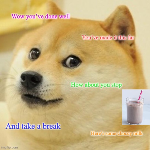 Doge Meme | Wow you’ve done well; You’ve made it this far; How about you stop; And take a break; Here’s some choccy milk | image tagged in memes,doge | made w/ Imgflip meme maker
