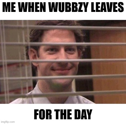 Jim Office Blinds | ME WHEN WUBBZY LEAVES; FOR THE DAY | image tagged in jim office blinds | made w/ Imgflip meme maker