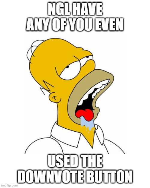 Homer Simpson Drooling | NGL HAVE ANY OF YOU EVEN; USED THE DOWNVOTE BUTTON | image tagged in homer simpson drooling,if you downvoted,you must upvote now | made w/ Imgflip meme maker