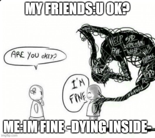 Are you okey? I'm fine | MY FRIENDS:U OK? ME:IM FINE -DYING INSIDE- | image tagged in are you okey i'm fine | made w/ Imgflip meme maker
