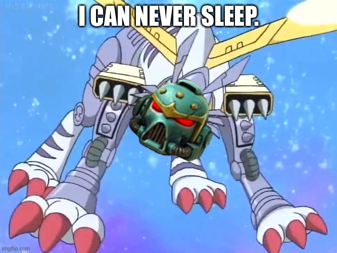Space MetalGarurumon | I CAN NEVER SLEEP. | image tagged in space metalgarurumon | made w/ Imgflip meme maker