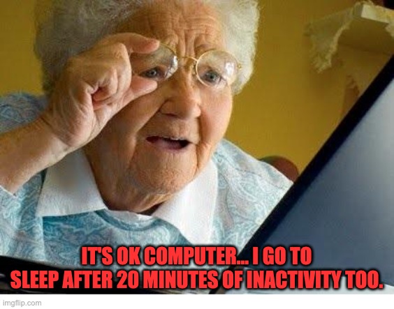 Sleep | IT'S OK COMPUTER... I GO TO SLEEP AFTER 20 MINUTES OF INACTIVITY TOO. | image tagged in old lady at computer | made w/ Imgflip meme maker
