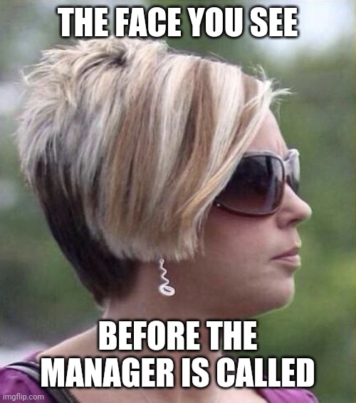 Karens be like | THE FACE YOU SEE; BEFORE THE MANAGER IS CALLED | image tagged in let me speak to your manager haircut | made w/ Imgflip meme maker