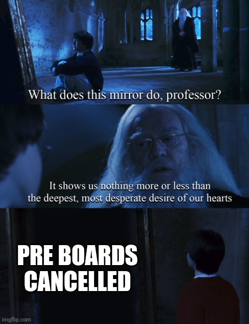 Harry potter mirror | PRE BOARDS CANCELLED | image tagged in harry potter mirror | made w/ Imgflip meme maker