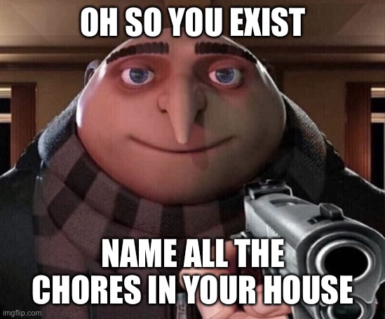 Gru Gun | OH SO YOU EXIST; NAME ALL THE CHORES IN YOUR HOUSE | image tagged in gru gun | made w/ Imgflip meme maker