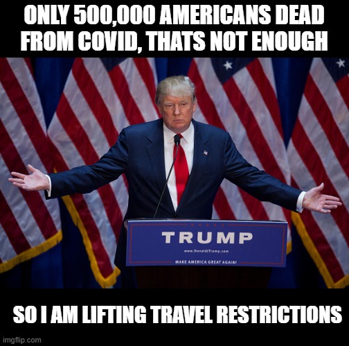 Loser, killer, traitor. | ONLY 500,000 AMERICANS DEAD FROM COVID, THATS NOT ENOUGH; SO I AM LIFTING TRAVEL RESTRICTIONS | image tagged in memes,politics,corruption,treason,lock him up,maga | made w/ Imgflip meme maker