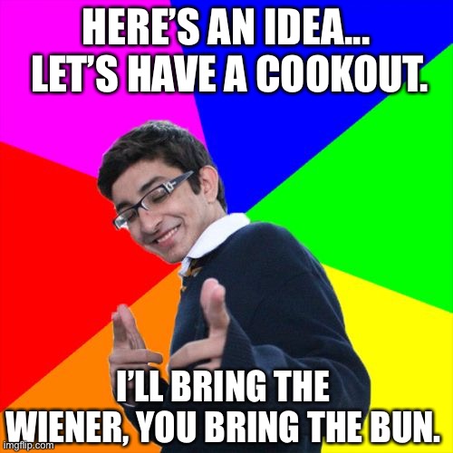 Cookout | HERE’S AN IDEA...  LET’S HAVE A COOKOUT. I’LL BRING THE WIENER, YOU BRING THE BUN. | image tagged in memes,subtle pickup liner | made w/ Imgflip meme maker