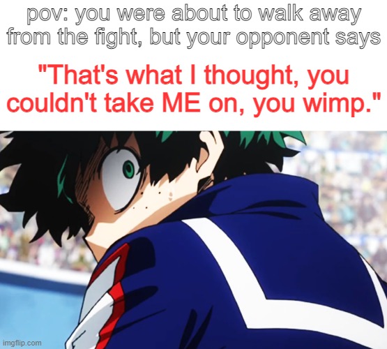 pov: you were about to walk away from the fight, but your opponent says; "That's what I thought, you couldn't take ME on, you wimp." | image tagged in blank white template,deku what you say | made w/ Imgflip meme maker