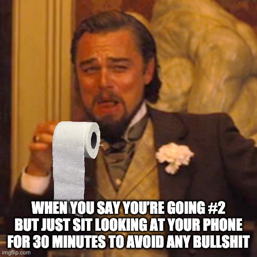 Leo TP Bulls**t | WHEN YOU SAY YOU’RE GOING #2 BUT JUST SIT LOOKING AT YOUR PHONE FOR 30 MINUTES TO AVOID ANY BULLSHIT | image tagged in memes,laughing leo | made w/ Imgflip meme maker