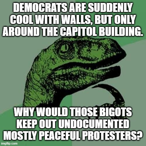 Walls to protect our government building, but not our country's borders. Smh. | DEMOCRATS ARE SUDDENLY COOL WITH WALLS, BUT ONLY AROUND THE CAPITOL BUILDING. WHY WOULD THOSE BIGOTS KEEP OUT UNDOCUMENTED MOSTLY PEACEFUL PROTESTERS? | image tagged in memes,philosoraptor,por que no las dos,biden,liberal logic,walls | made w/ Imgflip meme maker