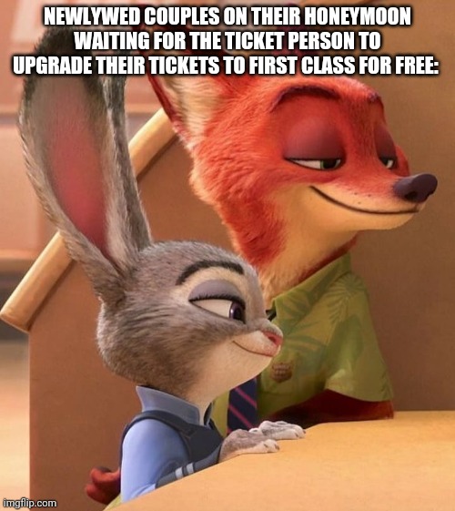 Zootopian Upgrade | NEWLYWED COUPLES ON THEIR HONEYMOON WAITING FOR THE TICKET PERSON TO UPGRADE THEIR TICKETS TO FIRST CLASS FOR FREE: | image tagged in nick wilde and judy hopps smile,zootopia,judy hopps,nick wilde,funny,memes | made w/ Imgflip meme maker