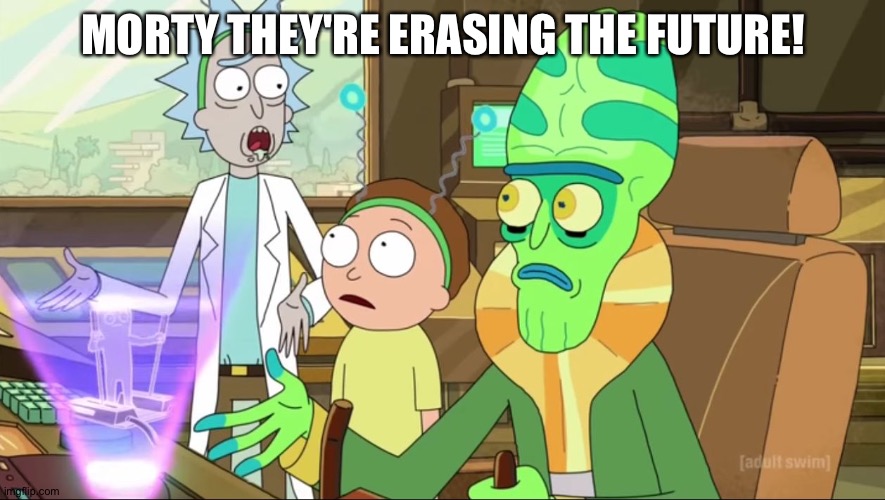 rick and morty-extra steps | MORTY THEY'RE ERASING THE FUTURE! | image tagged in rick and morty-extra steps | made w/ Imgflip meme maker