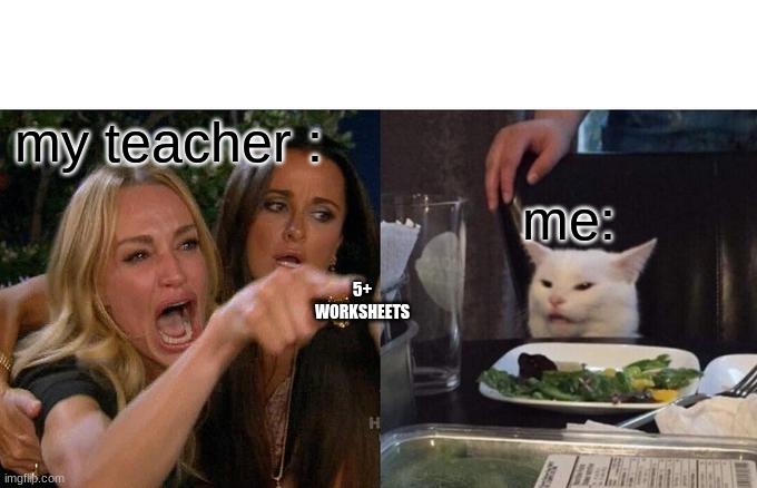 STOP WITH THE HOMEWORK | my teacher :; me:; 5+ WORKSHEETS | image tagged in memes,woman yelling at cat | made w/ Imgflip meme maker