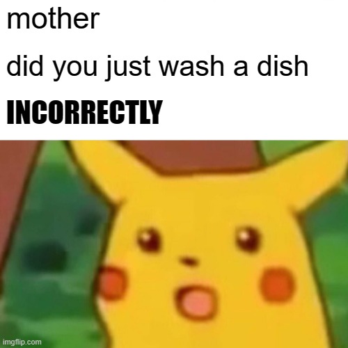 Mother did you? | mother; did you just wash a dish; INCORRECTLY | image tagged in memes,surprised pikachu,washing dishes | made w/ Imgflip meme maker