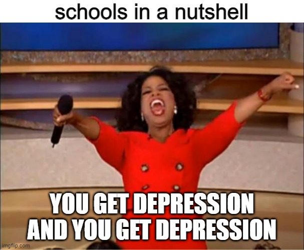 free epic caramel | schools in a nutshell; YOU GET DEPRESSION AND YOU GET DEPRESSION | image tagged in memes,oprah you get a | made w/ Imgflip meme maker