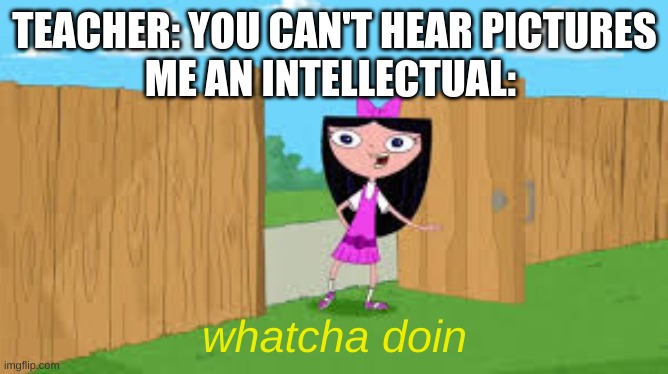 wHaTcHa dOiN | TEACHER: YOU CAN'T HEAR PICTURES
ME AN INTELLECTUAL:; whatcha doin | image tagged in whatcha doin,isabella,me an intellectual | made w/ Imgflip meme maker