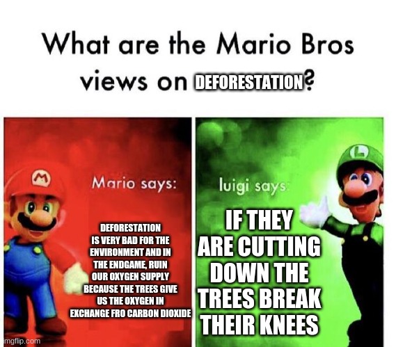 T R E E | DEFORESTATION; DEFORESTATION IS VERY BAD FOR THE ENVIRONMENT AND IN THE ENDGAME, RUIN OUR OXYGEN SUPPLY BECAUSE THE TREES GIVE US THE OXYGEN IN EXCHANGE FRO CARBON DIOXIDE; IF THEY ARE CUTTING DOWN THE TREES BREAK THEIR KNEES | image tagged in mario bros views | made w/ Imgflip meme maker