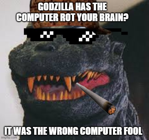 Godzilla Thug life | GODZILLA HAS THE COMPUTER ROT YOUR BRAIN? IT WAS THE WRONG COMPUTER FOOL | image tagged in godzilla,thug life | made w/ Imgflip meme maker