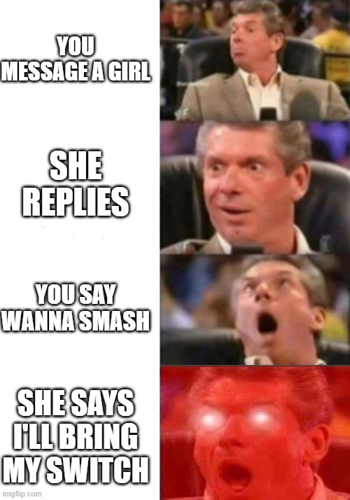 Mr. McMahon reaction | YOU MESSAGE A GIRL; SHE REPLIES; YOU SAY WANNA SMASH; SHE SAYS I'LL BRING MY SWITCH | image tagged in mr mcmahon reaction | made w/ Imgflip meme maker
