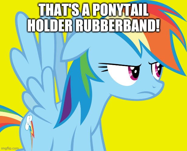 Annoyed Rainbow Dash (MLP) | THAT'S A PONYTAIL HOLDER RUBBERBAND! | image tagged in annoyed rainbow dash mlp | made w/ Imgflip meme maker
