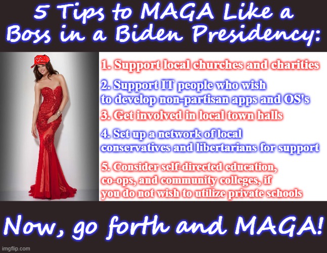 We can still MAGA, no matter who's president. :-) Post your tips below! | 5 Tips to MAGA Like a Boss in a Biden Presidency:; 1. Support local churches and charities; 2. Support IT people who wish to develop non-partisan apps and OS's; 3. Get involved in local town halls; 4. Set up a network of local conservatives and libertarians for support; 5. Consider self-directed education, co-ops, and community colleges, if you do not wish to utilize private schools; Now, go forth and MAGA! | image tagged in memes,maga,kag,small government,conservatives,libertarian | made w/ Imgflip meme maker