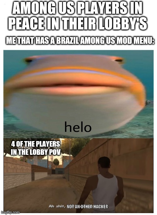 helo fish | AMONG US PLAYERS IN PEACE IN THEIR LOBBY'S; ME THAT HAS A BRAZIL AMONG US MOD MENU:; 4 OF THE PLAYERS IN THE LOBBY POV; NOT AN OTHER HACKER | image tagged in helo fish | made w/ Imgflip meme maker