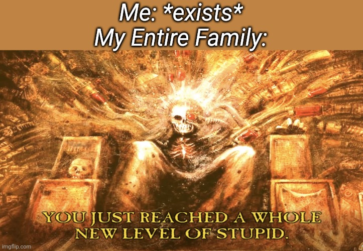 New level of stupid | Me: *exists*
My Entire Family: | image tagged in new level of stupid | made w/ Imgflip meme maker