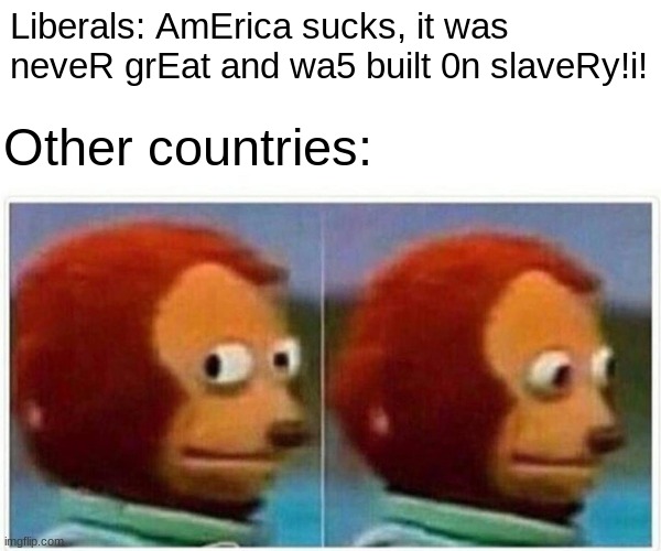 Logic... | Liberals: AmErica sucks, it was neveR grEat and wa5 built 0n slaveRy!i! Other countries: | image tagged in memes,monkey puppet,america,liberal logic,countries | made w/ Imgflip meme maker