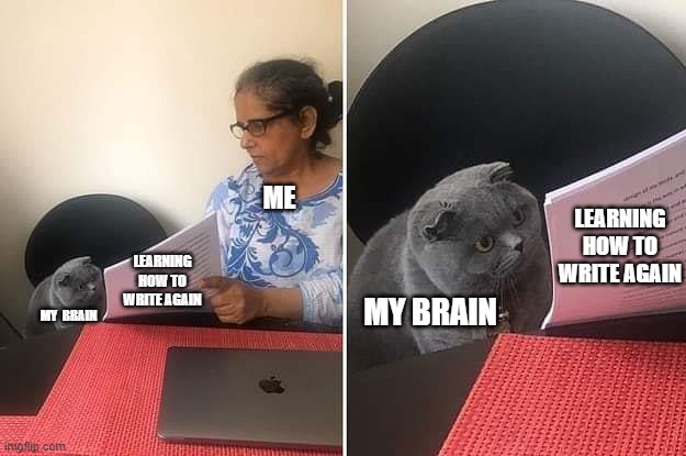 I'm honestly probably going to fail all of my assignments from now on due to the fact that I haven't written in almost a year | LEARNING HOW TO WRITE AGAIN; ME; LEARNING HOW TO WRITE AGAIN; MY BRAIN; MY  BRAIN | image tagged in school | made w/ Imgflip meme maker