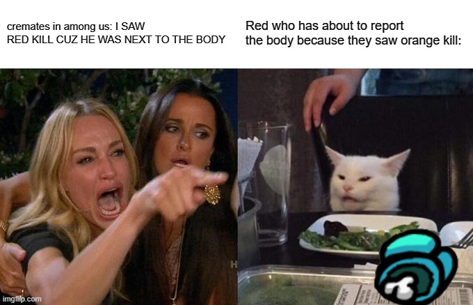 Woman Yelling At Cat | cremates in among us: I SAW RED KILL CUZ HE WAS NEXT TO THE BODY; Red who has about to report the body because they saw orange kill: | image tagged in memes,woman yelling at cat | made w/ Imgflip meme maker