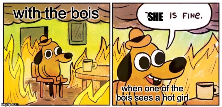 This is fax | with the bois; SHE; when one of the bois sees a hot girl | image tagged in memes,this is fine | made w/ Imgflip meme maker