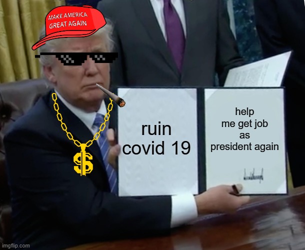 Trump Bill Signing Meme | ruin covid 19; help me get job as president again | image tagged in memes,trump bill signing | made w/ Imgflip meme maker