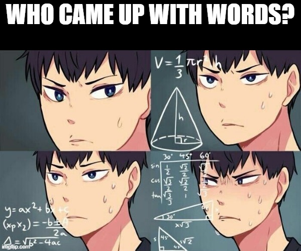 hmmmm | WHO CAME UP WITH WORDS? | image tagged in memes | made w/ Imgflip meme maker