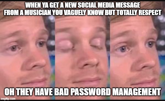 Blinking guy | WHEN YA GET A NEW SOCIAL MEDIA MESSAGE FROM A MUSICIAN YOU VAGUELY KNOW BUT TOTALLY RESPECT; OH THEY HAVE BAD PASSWORD MANAGEMENT | image tagged in blinking guy | made w/ Imgflip meme maker