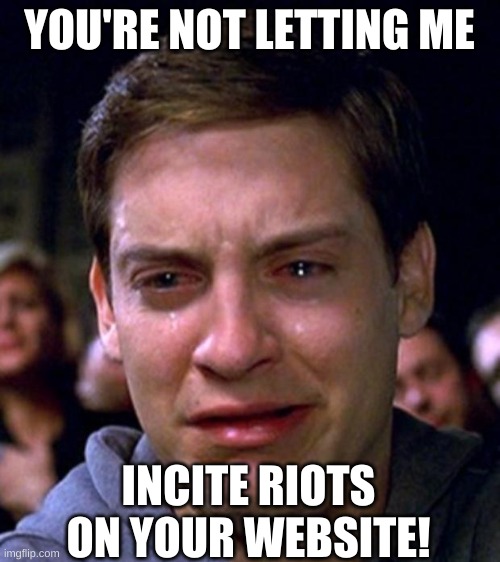 crying peter parker | YOU'RE NOT LETTING ME INCITE RIOTS ON YOUR WEBSITE! | image tagged in crying peter parker | made w/ Imgflip meme maker