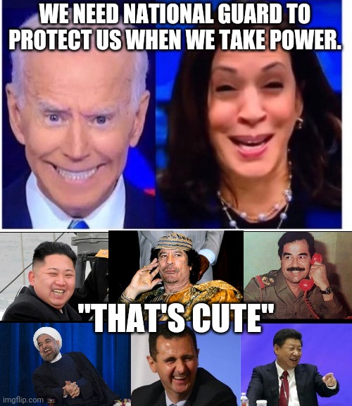 keeping up with the thronses | WE NEED NATIONAL GUARD TO PROTECT US WHEN WE TAKE POWER. "THAT'S CUTE" | image tagged in biden harris,tyrant | made w/ Imgflip meme maker